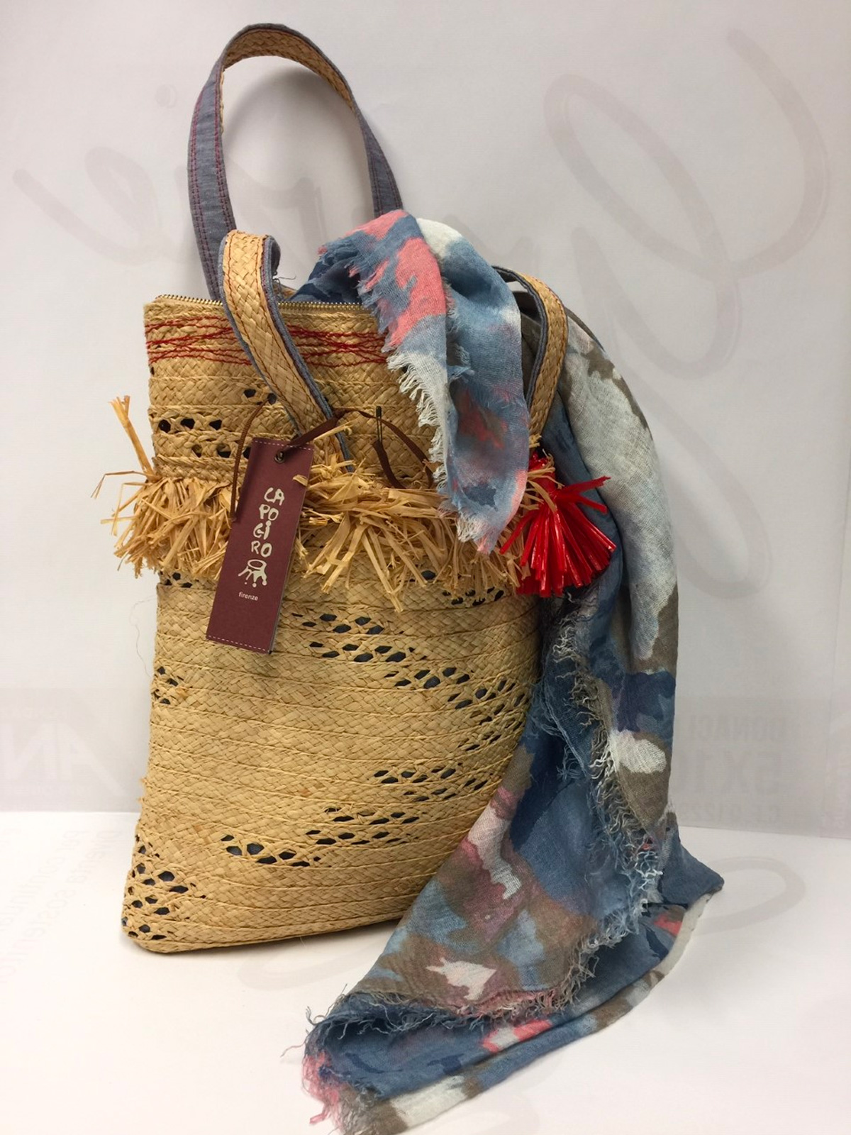 <B style='color:green'> SOLO PROVINCE TOSCANE SERVITE</b> - BORSA PAGLIA DI CAPOGIRO FIRENZE CON FOULARD ESTIVO